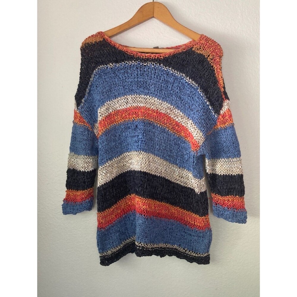 J. Jill Open Knit Striped Long Sleeve Sweater Sz Large Coastal Lagenlook